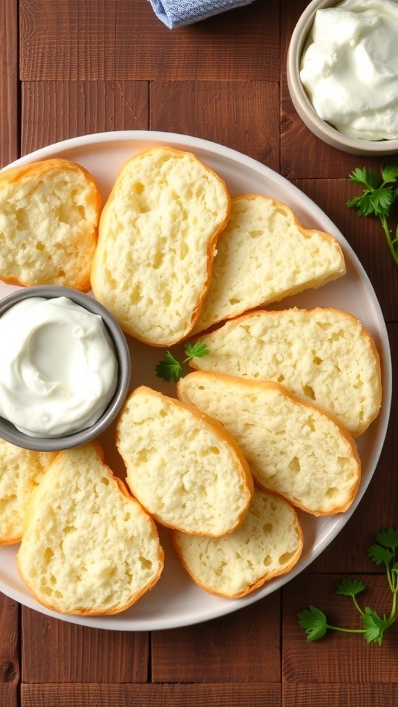 Fluffy cloud bread pieces on a plate with cream cheese spread, on a rustic wooden table.
